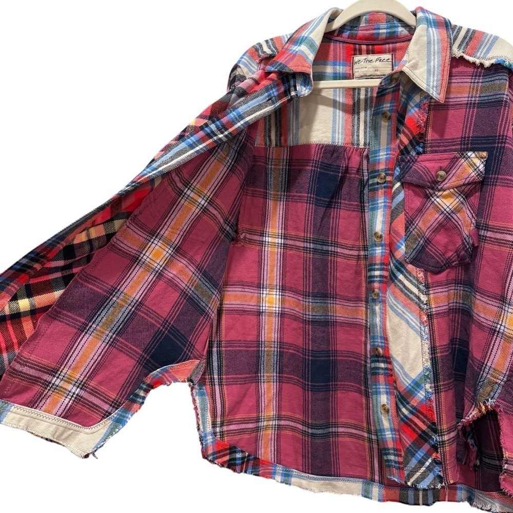 Free People We the Free Patched Up Plaid Cotton Shirt Oversized Grunge Pink XS - Picture 10 of 16